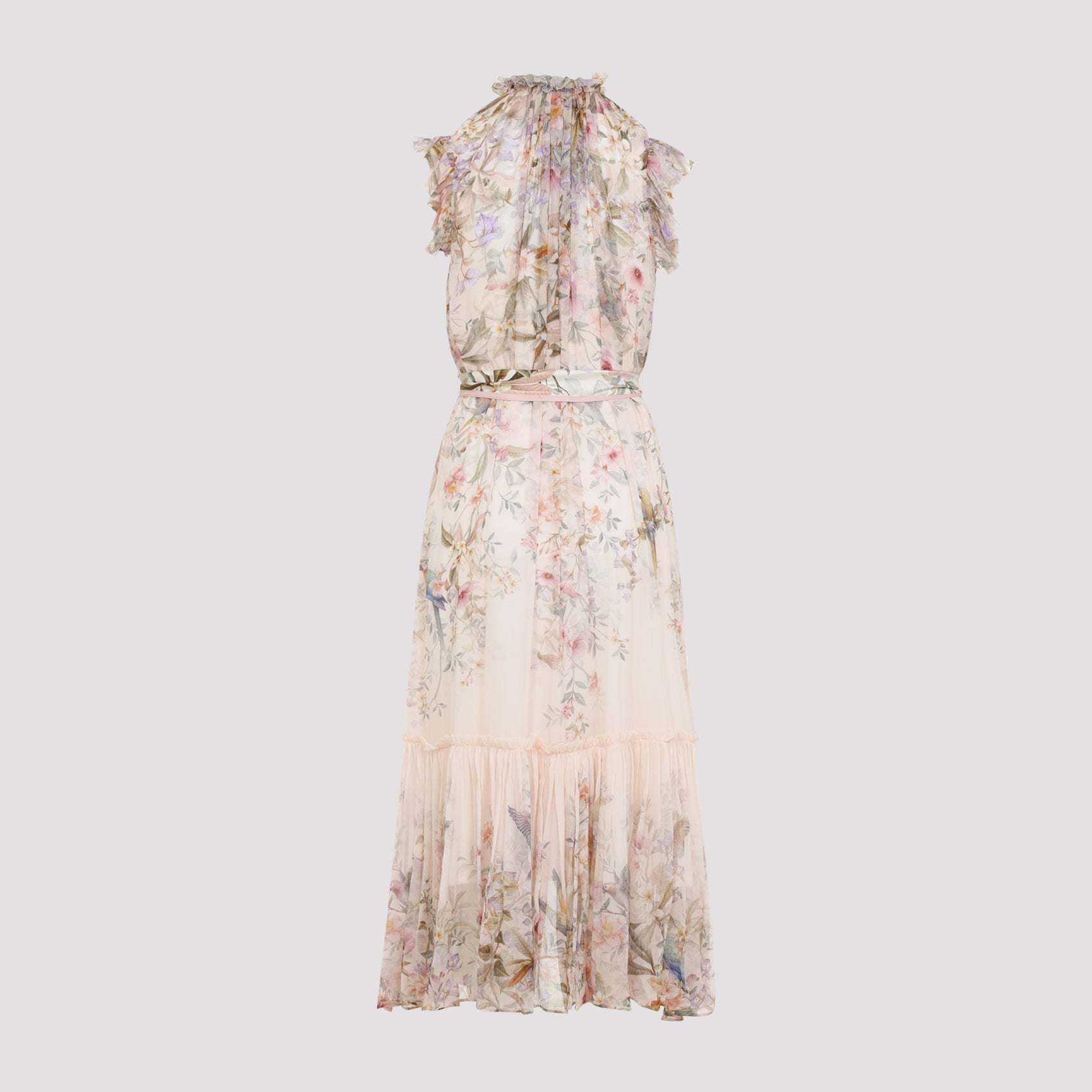 Floral Print Midi Dress With Ruffled Neckline