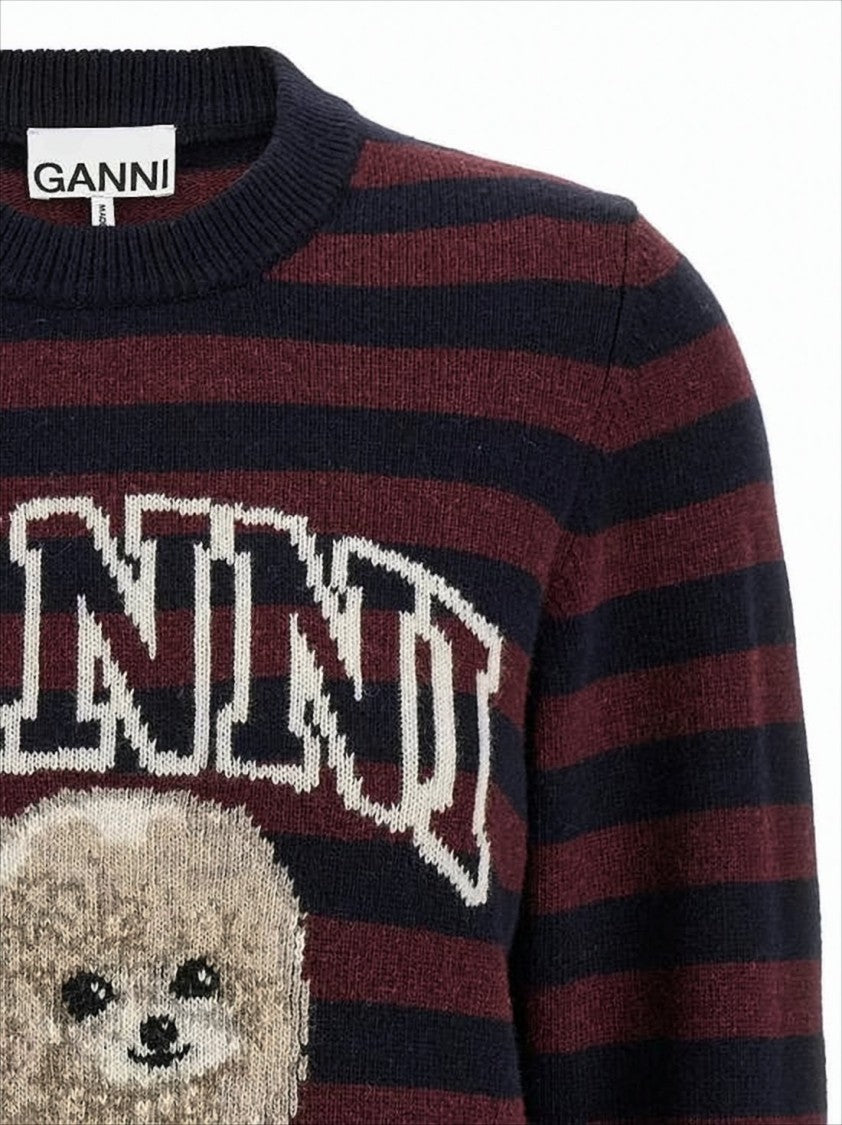 Horizontal Stripe Knit Sweater with Playful Dog Graphic