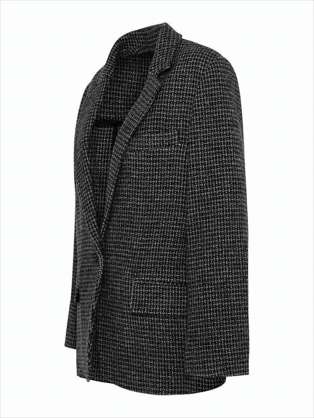 Textured Grey Blazer with Notched Lapel and Subtle Check Pattern