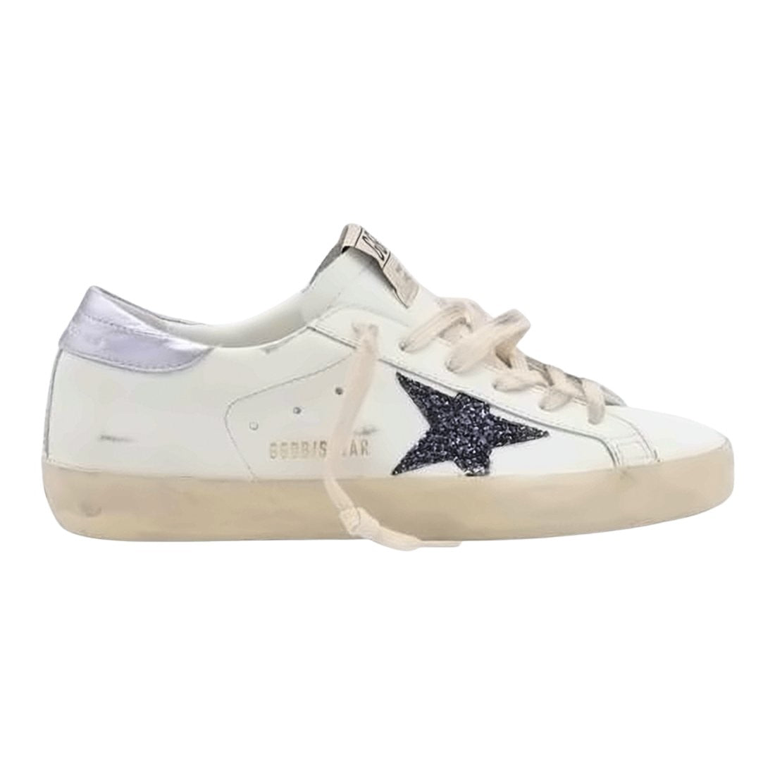 Distressed White Leather Sneakers with Glitter Star