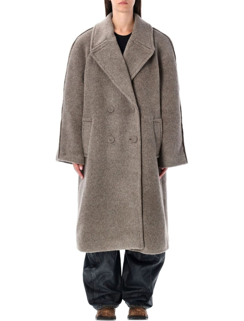 Double-Breasted Grey Coat With Wide Notched Collar And Oversized Silhouette
