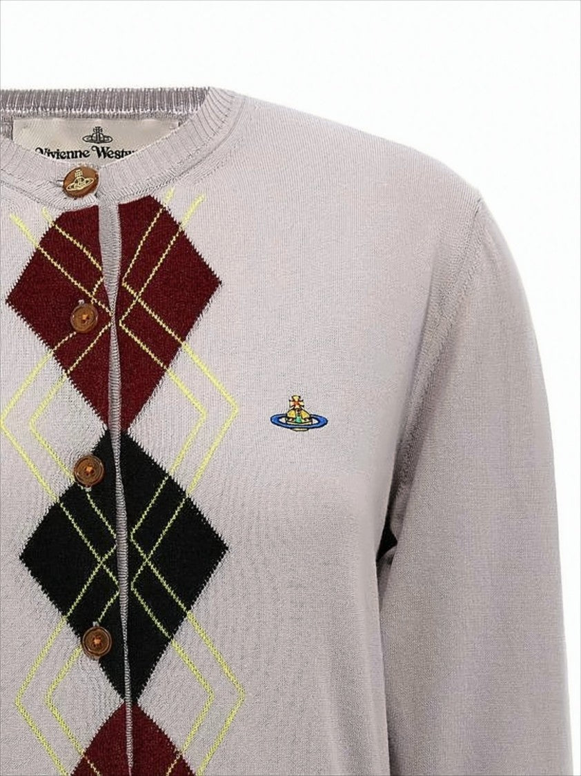 Argyle Knit Cardigan with Wooden Button Closure