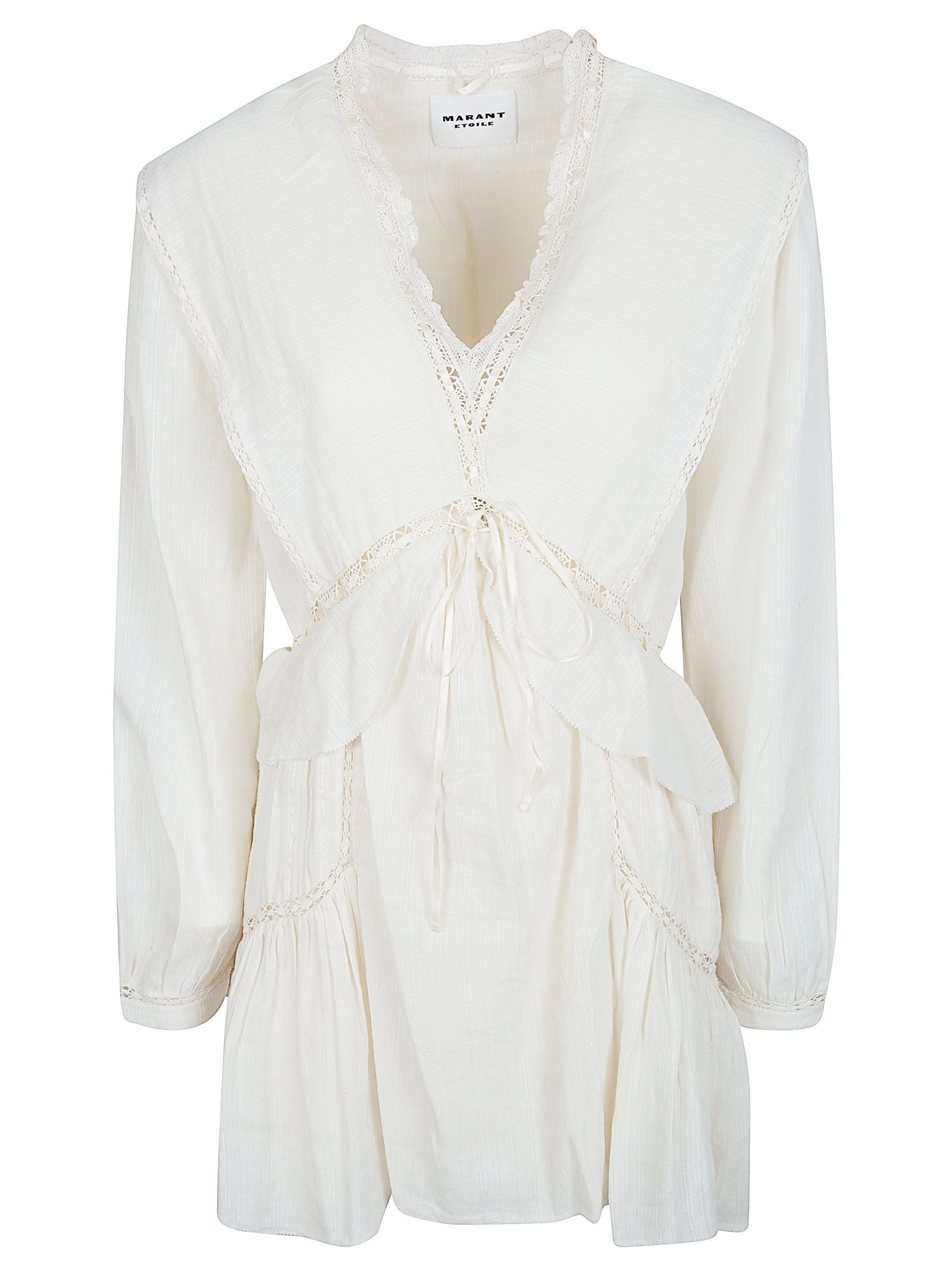 Ecru Mini Dress with Lace Trims and Ruffled Hem