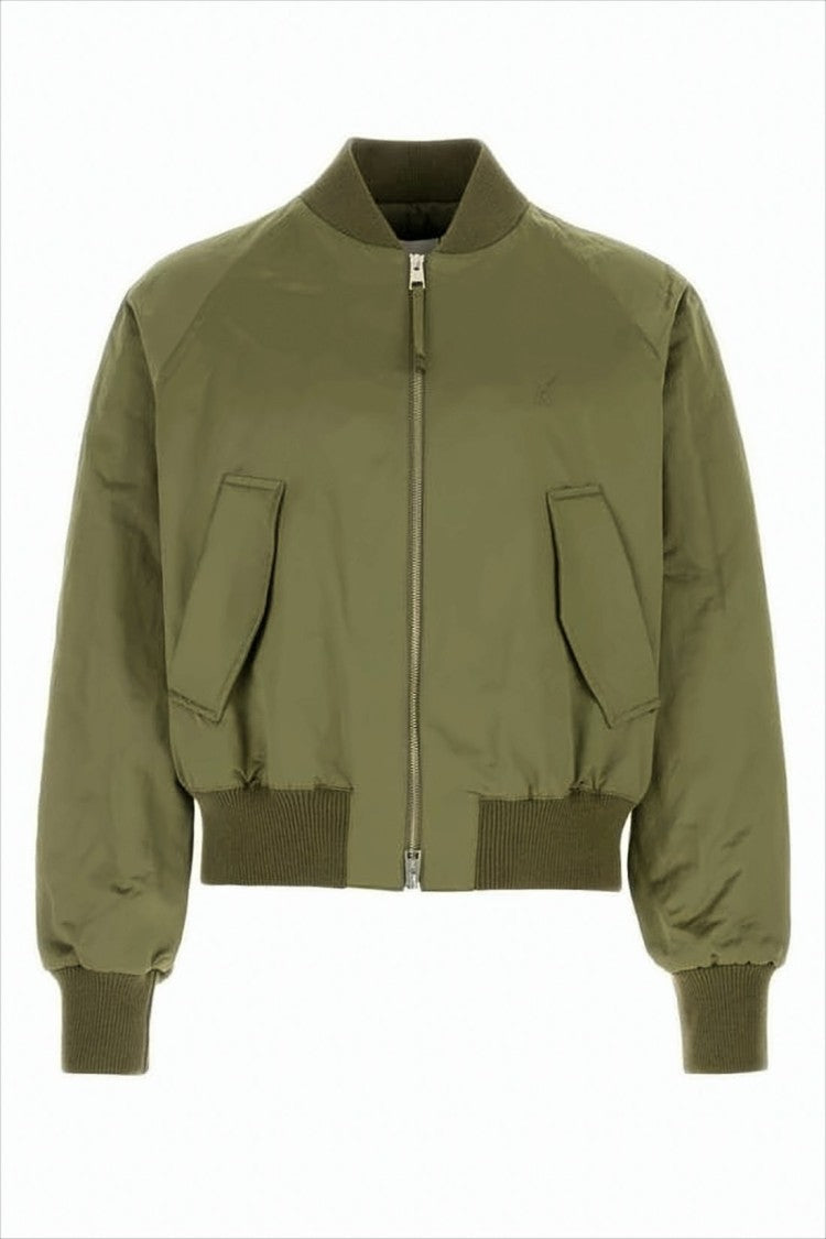 Cropped Green Bomber Jacket with Flap Pockets