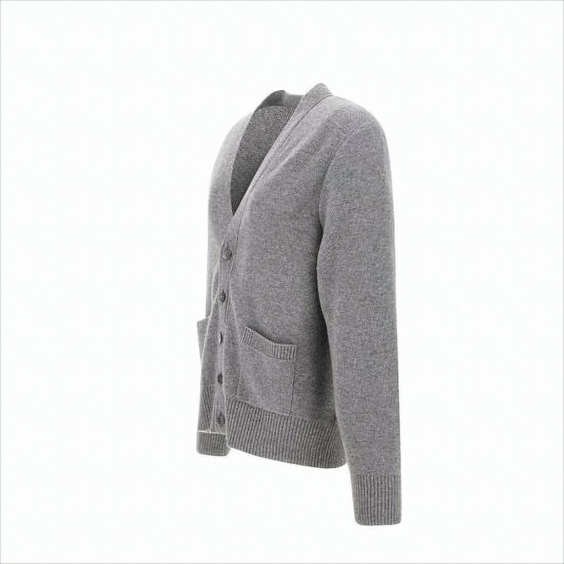 V-Neck Grey Wool Cardigan with Distinctive Stripe Detail