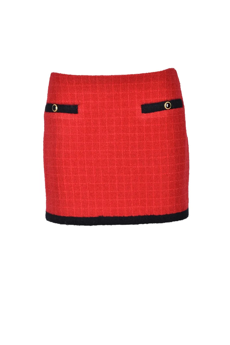 Textured Red Mini Skirt with Gold-Tone Detailing