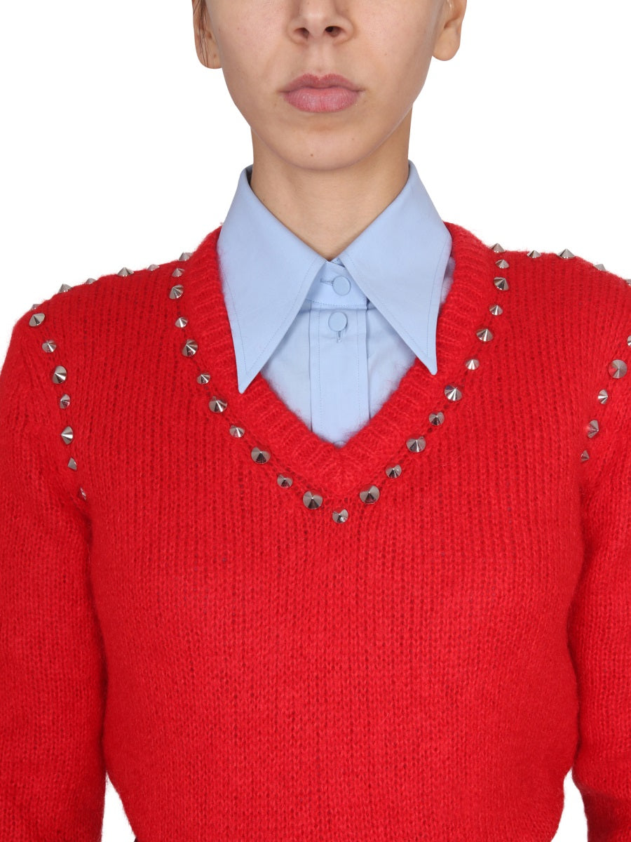 V-Neck Mohair Sweater with Studded Accents