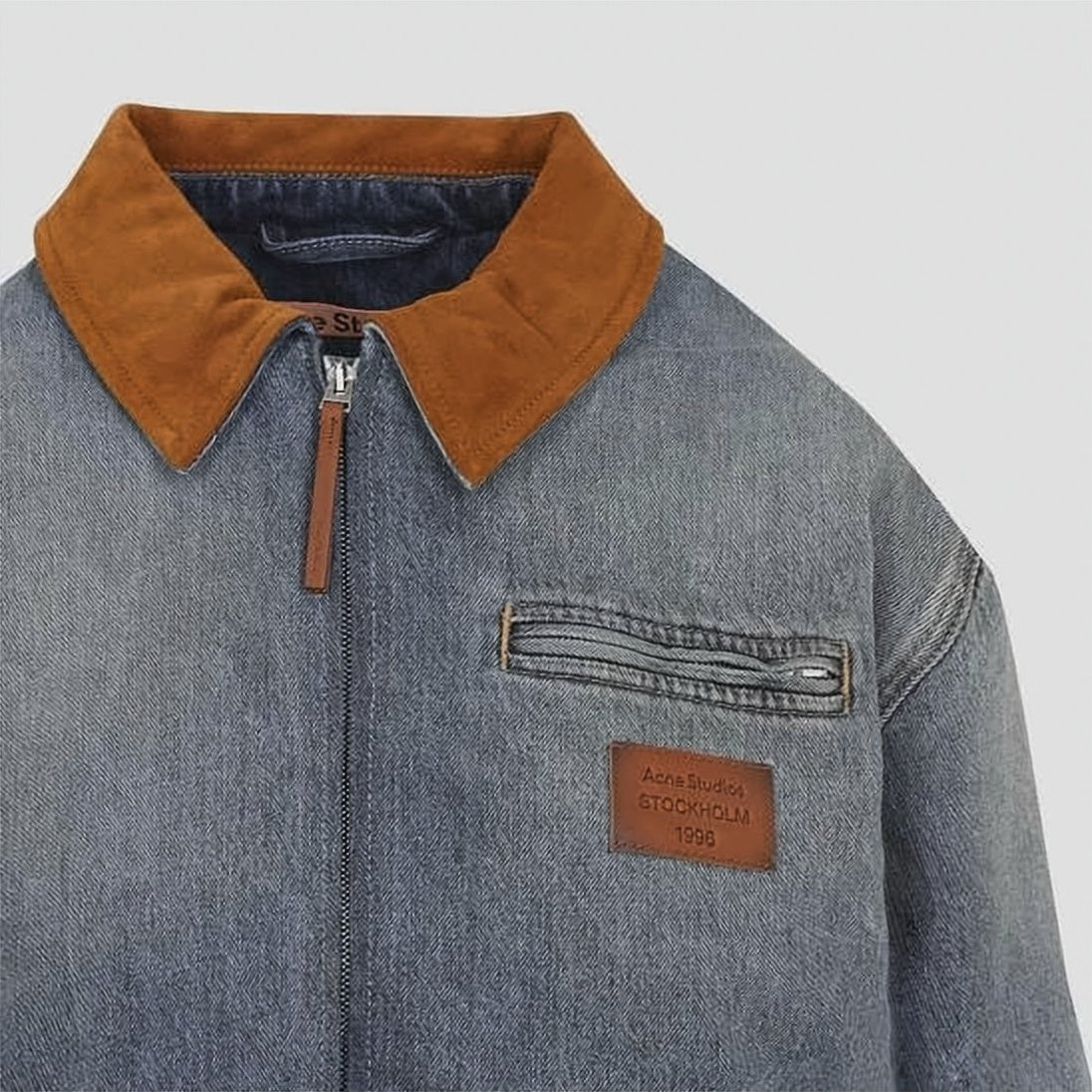 Washed Denim Jacket with Brown Suede Collar