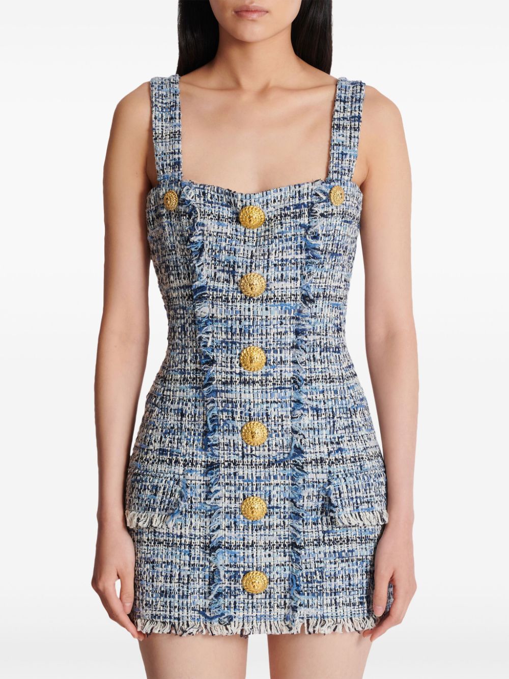 Fitted Blue-Grey Tweed Mini Dress