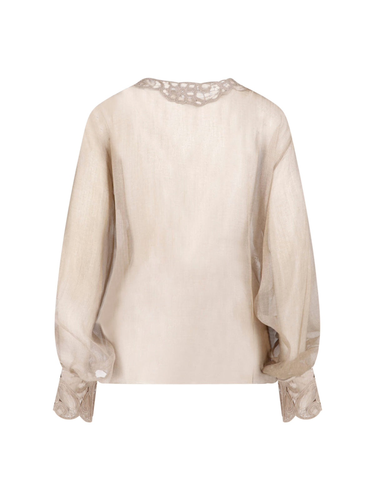 Beige Deep V-Neck Floral Lace Blouse