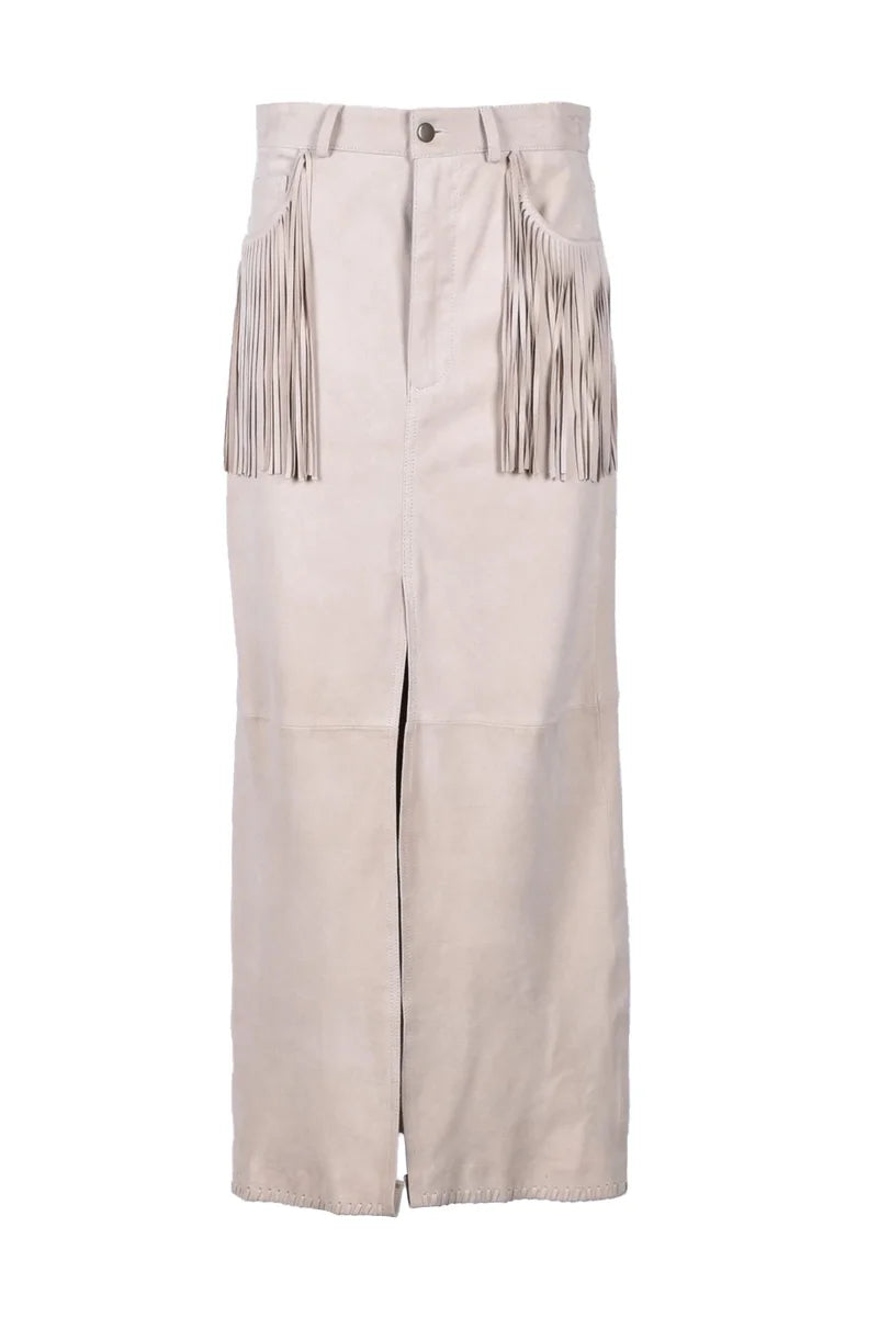 Long Suede Leather Skirt - Beige