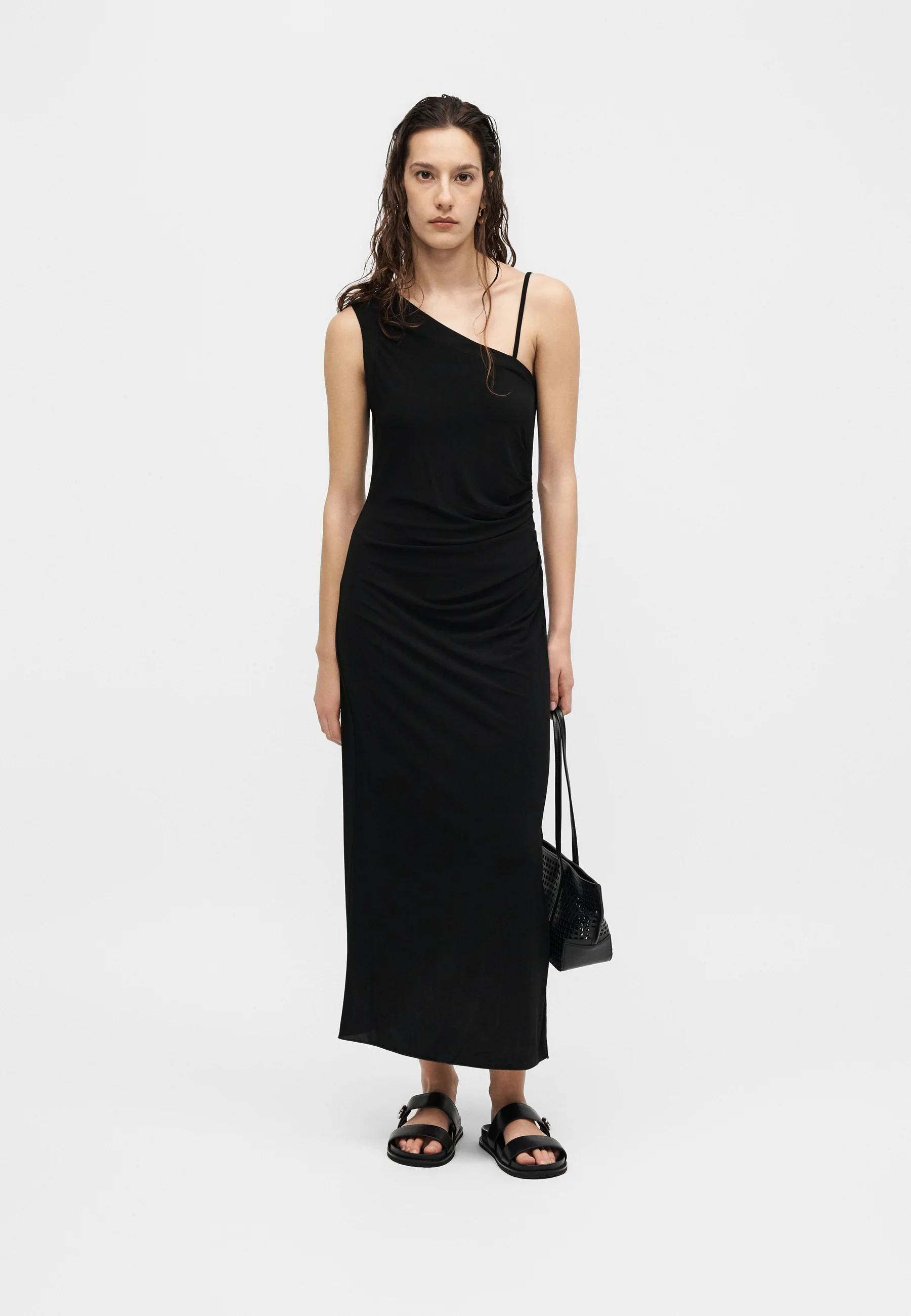 Asymmetrical One-Shoulder Midi Dress with Ruching