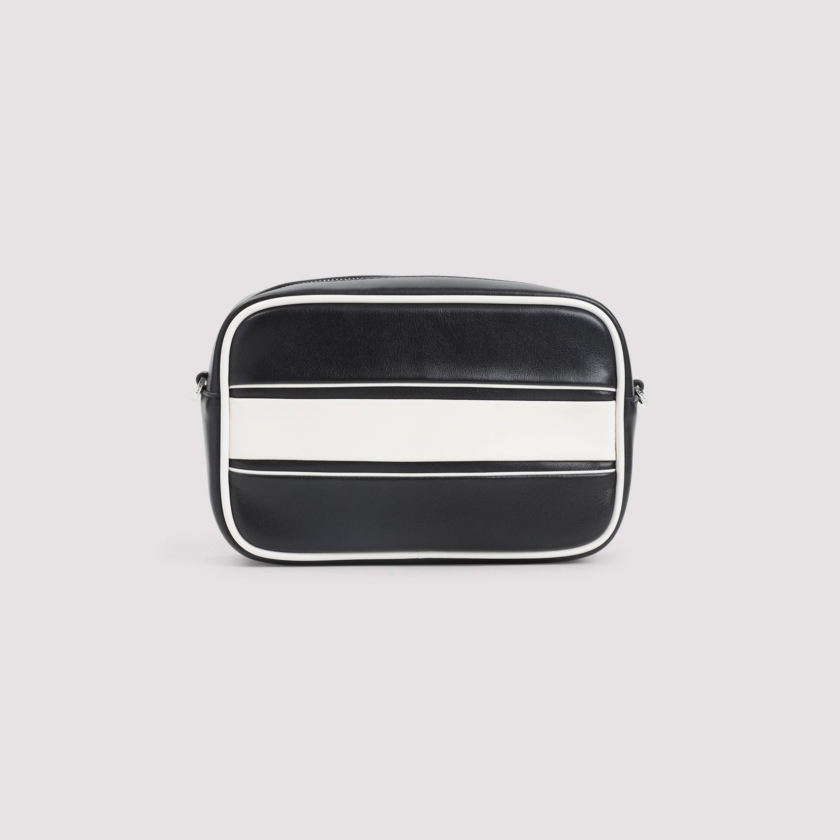 Compact Black Leather Shoulder Bag With White Accents And Bold Logo