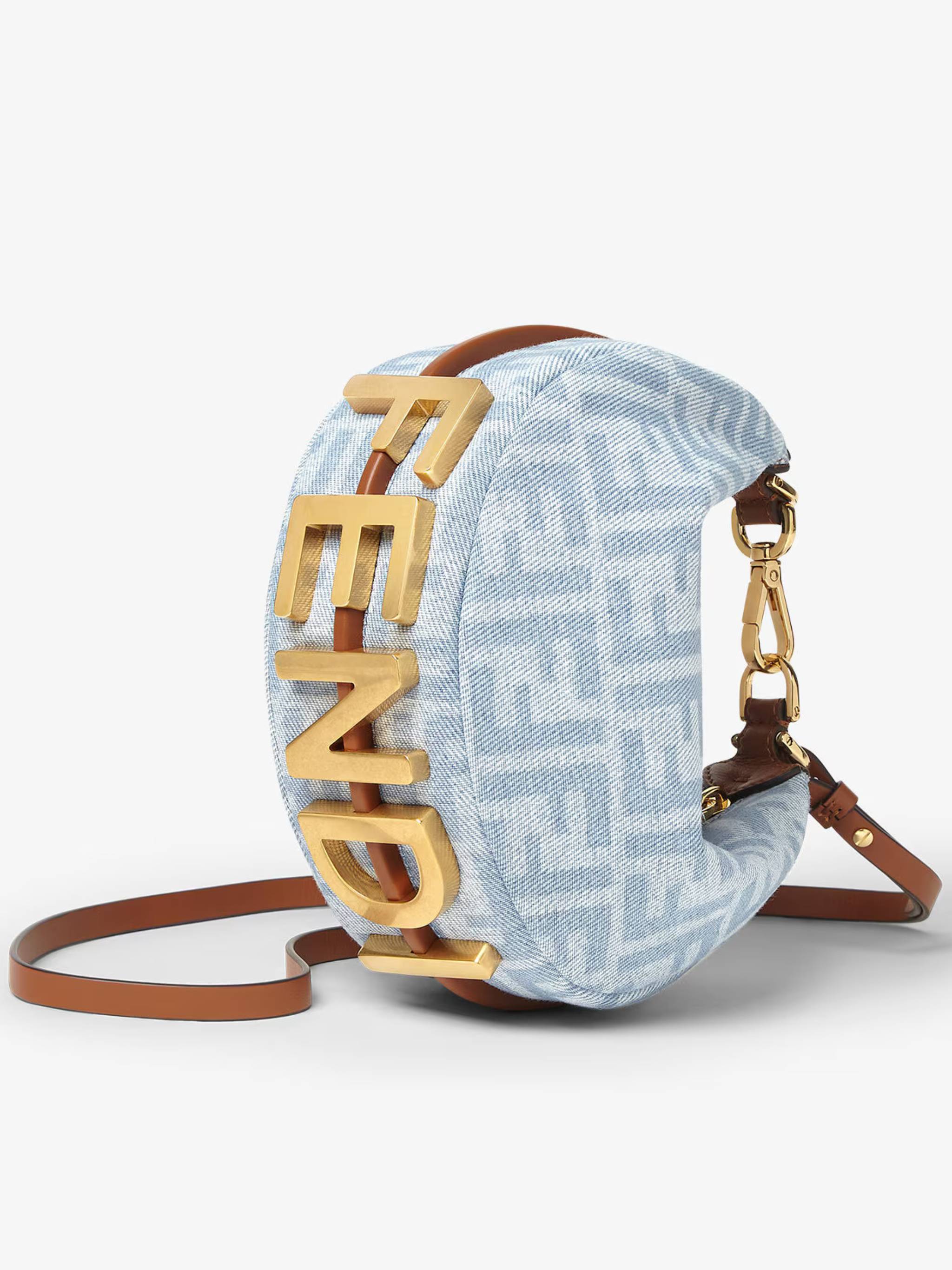Crescent-Shaped Handbag with Light Blue Monogram and Gold Hardware