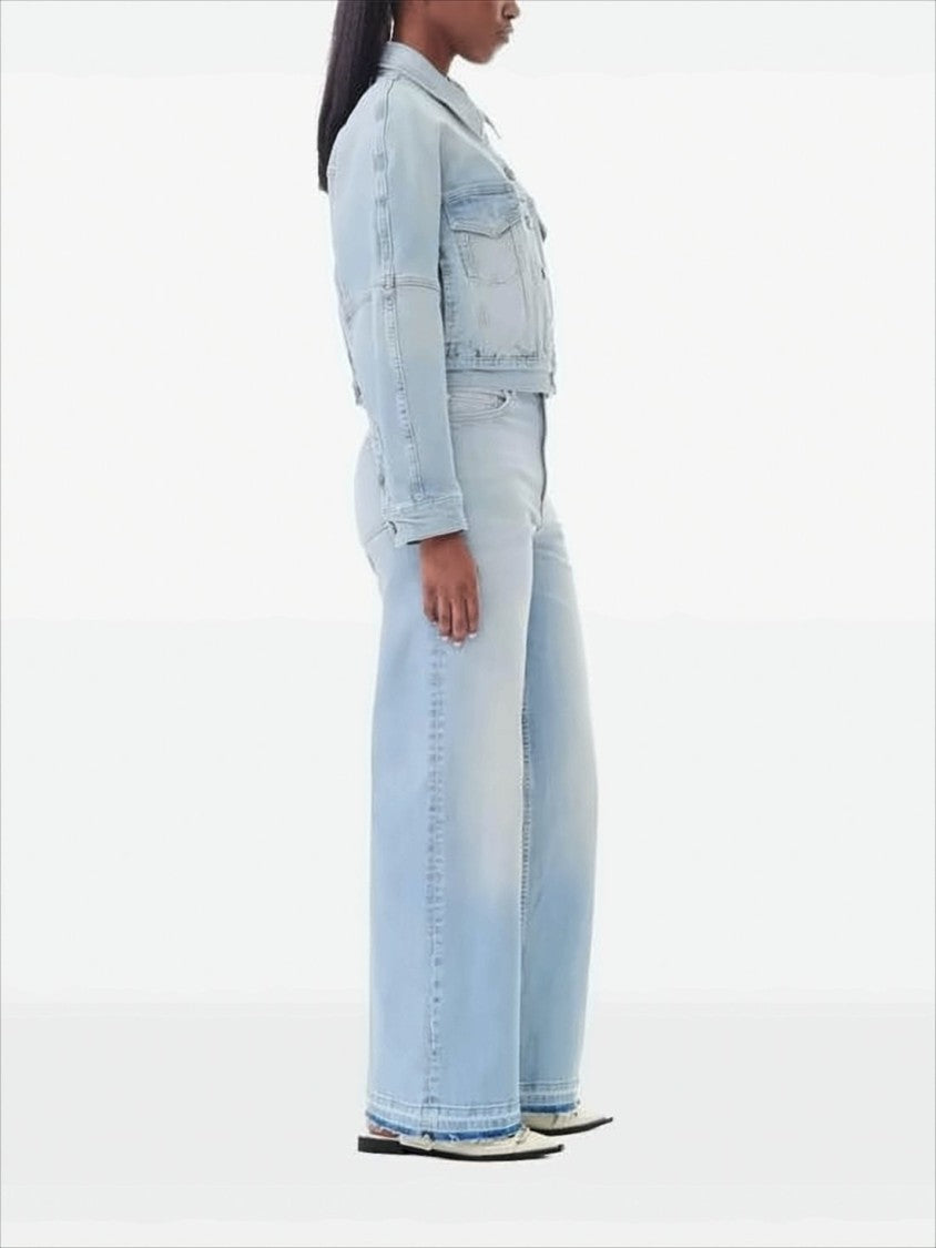 Light Wash Cropped Denim Jacket with Gathered Hem and Flap Pockets