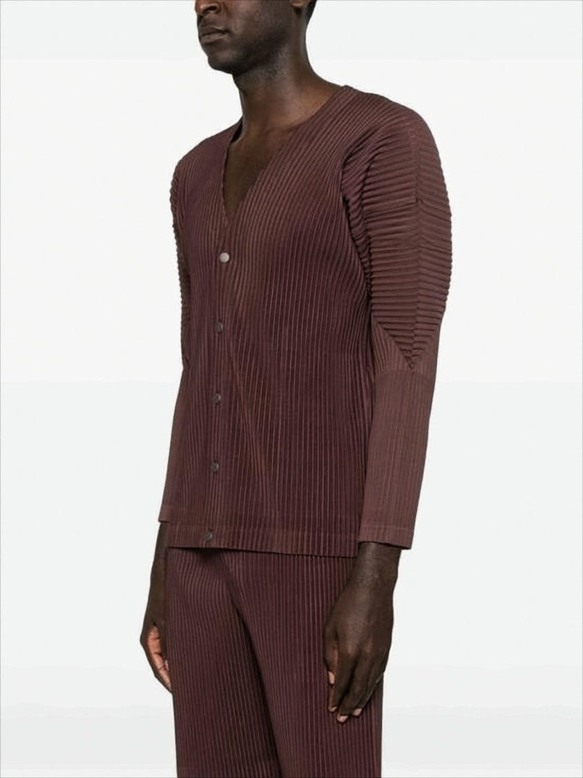 Button-Up Textured Cardigan With Deep V-Neckline And Vertical Pleats