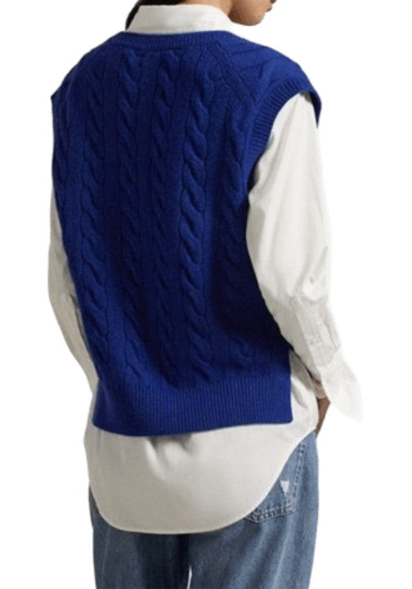 Cable Knit V-Neck Vest in Rich Blue
