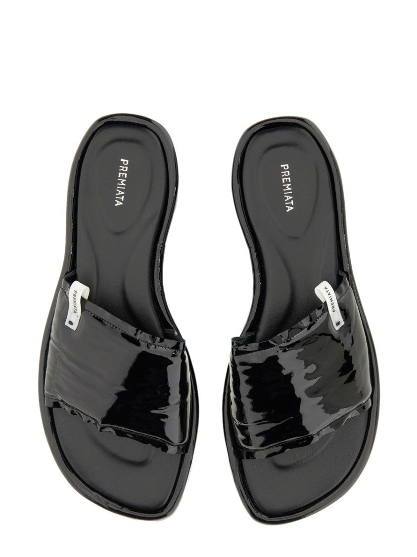 Black Lamb Leather Slide Sandal With Glossy Finish