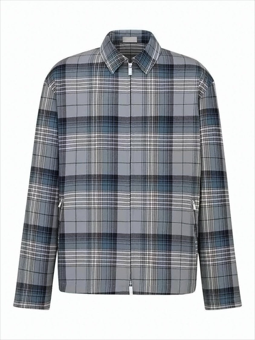 Plaid Wool Jacket With Structured Collar And Zip Closure