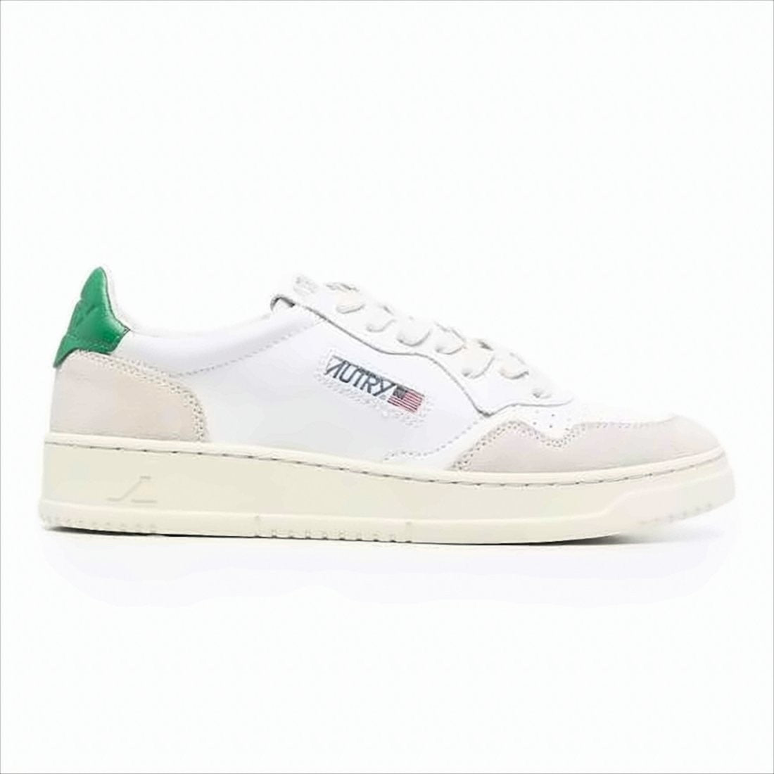 Low-Top Sneakers with Beige Suede Overlays and Green Heel Tab