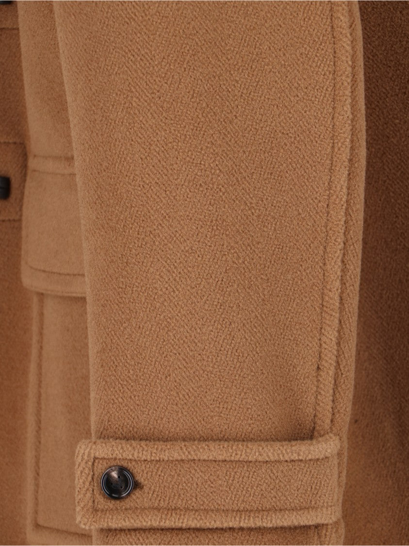 Brown Wool Duffle Coat With Hood And Braided Leather Fastenings