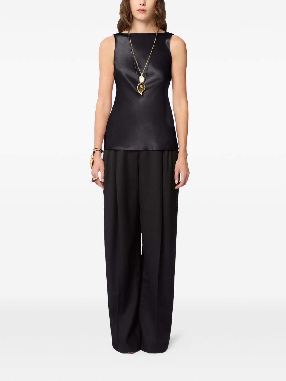 Draped Black Satin Top With Boat Neckline