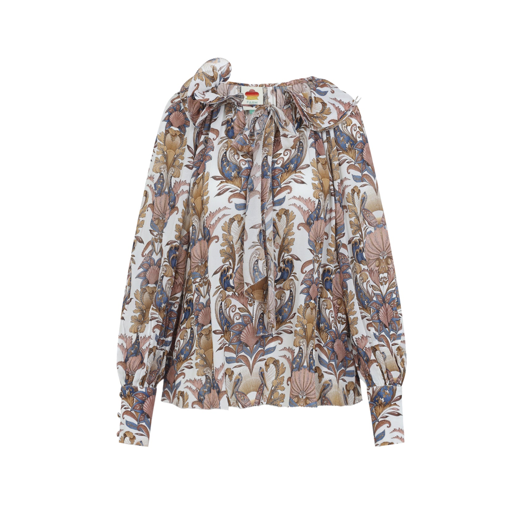 Flowing Blouse With Floral Paisley Pattern And Ruffled Collar