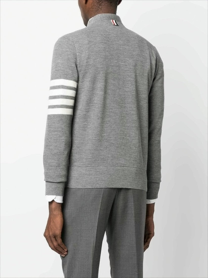 V-Neck Hand-Knitted Grey Wool Cardigan with Signature Stripes