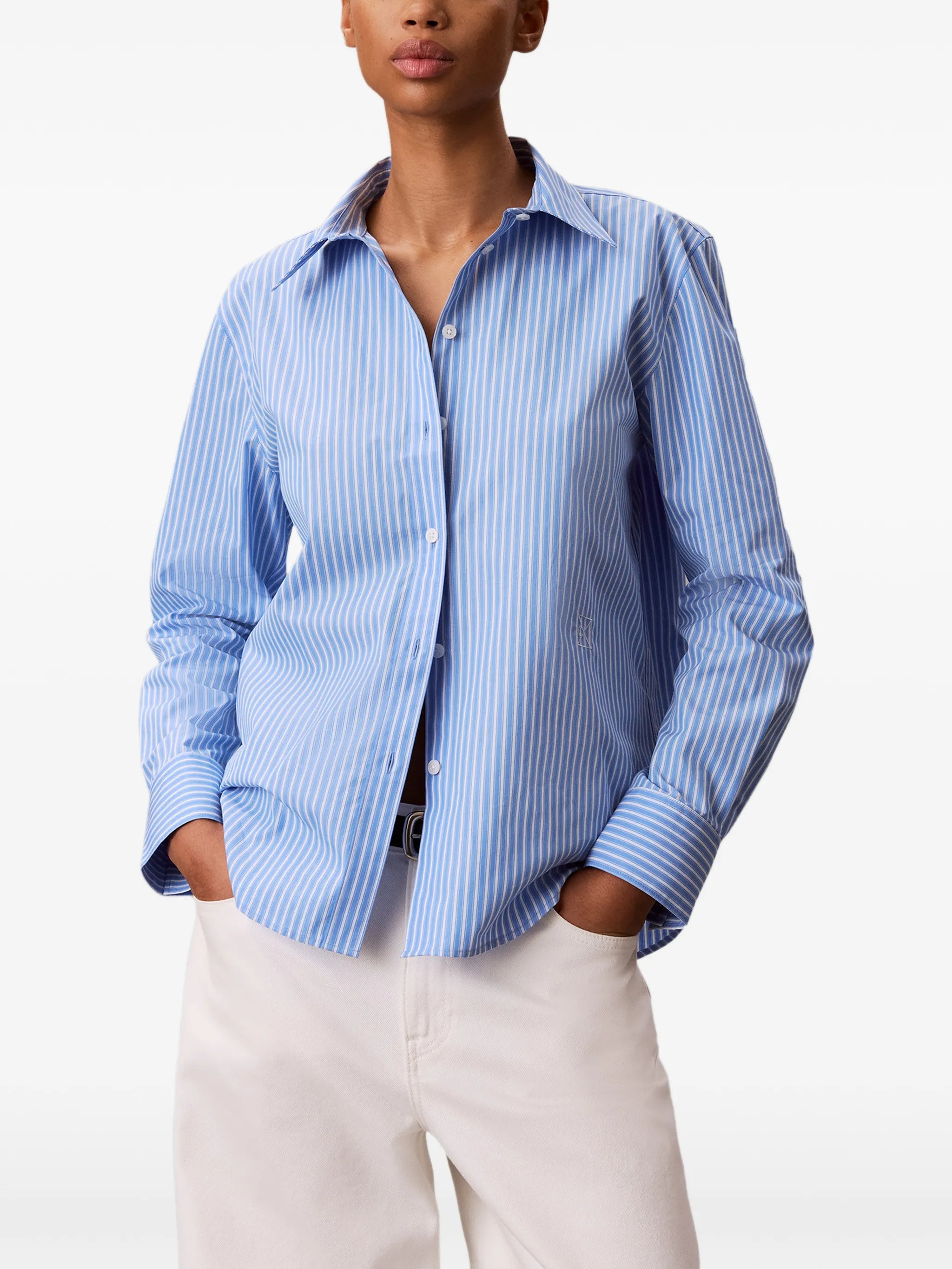 Light Blue Vertical Striped Poplin Shirt with Classic Collar