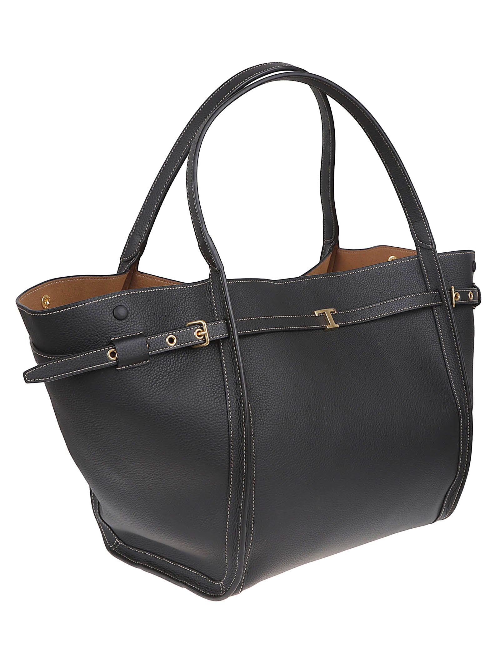 Structured Black Calfskin Shopping Bag with Iconic T Accessory