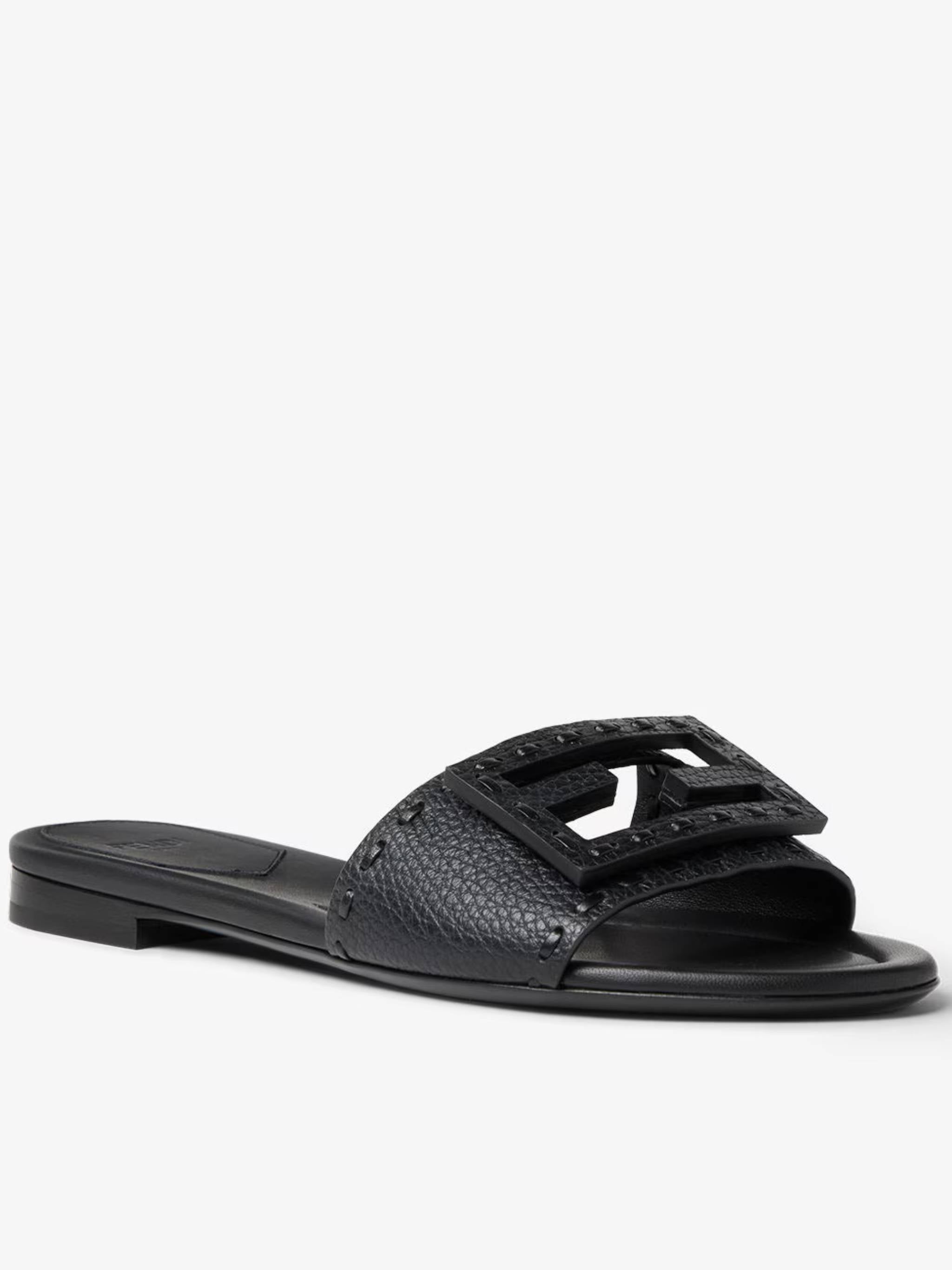 Textured Black Slide Sandal with Geometric Cut-Outs