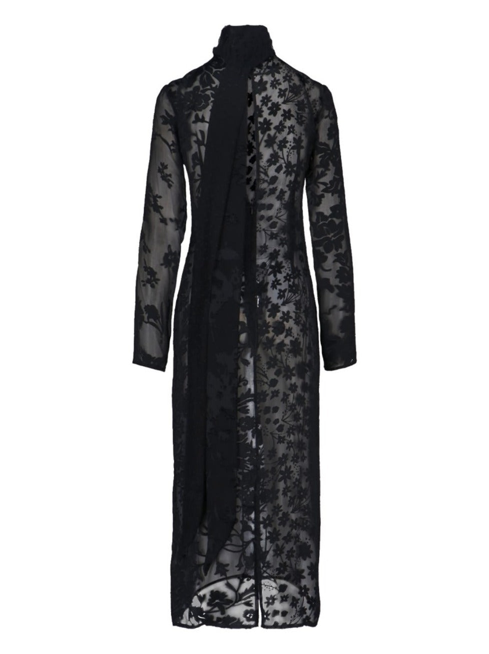 Sheer Black Midi Dress With Floral Patterns And Scarf Detail