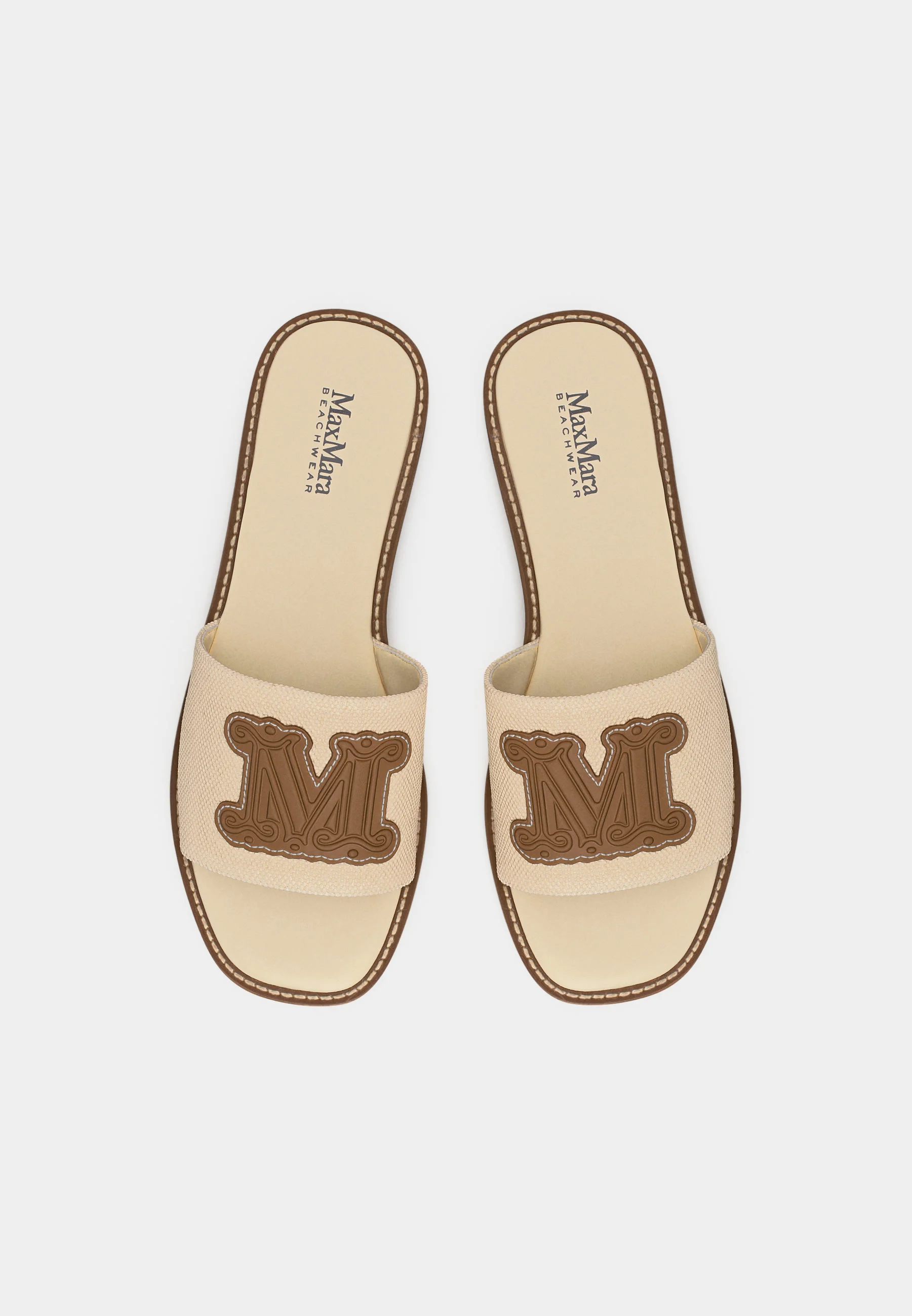 Beige Textured Slide Sandals with Embroidered Emblem