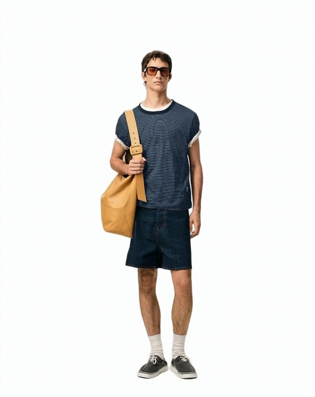 Navy Blue Cotton T-Shirt with Striped Design