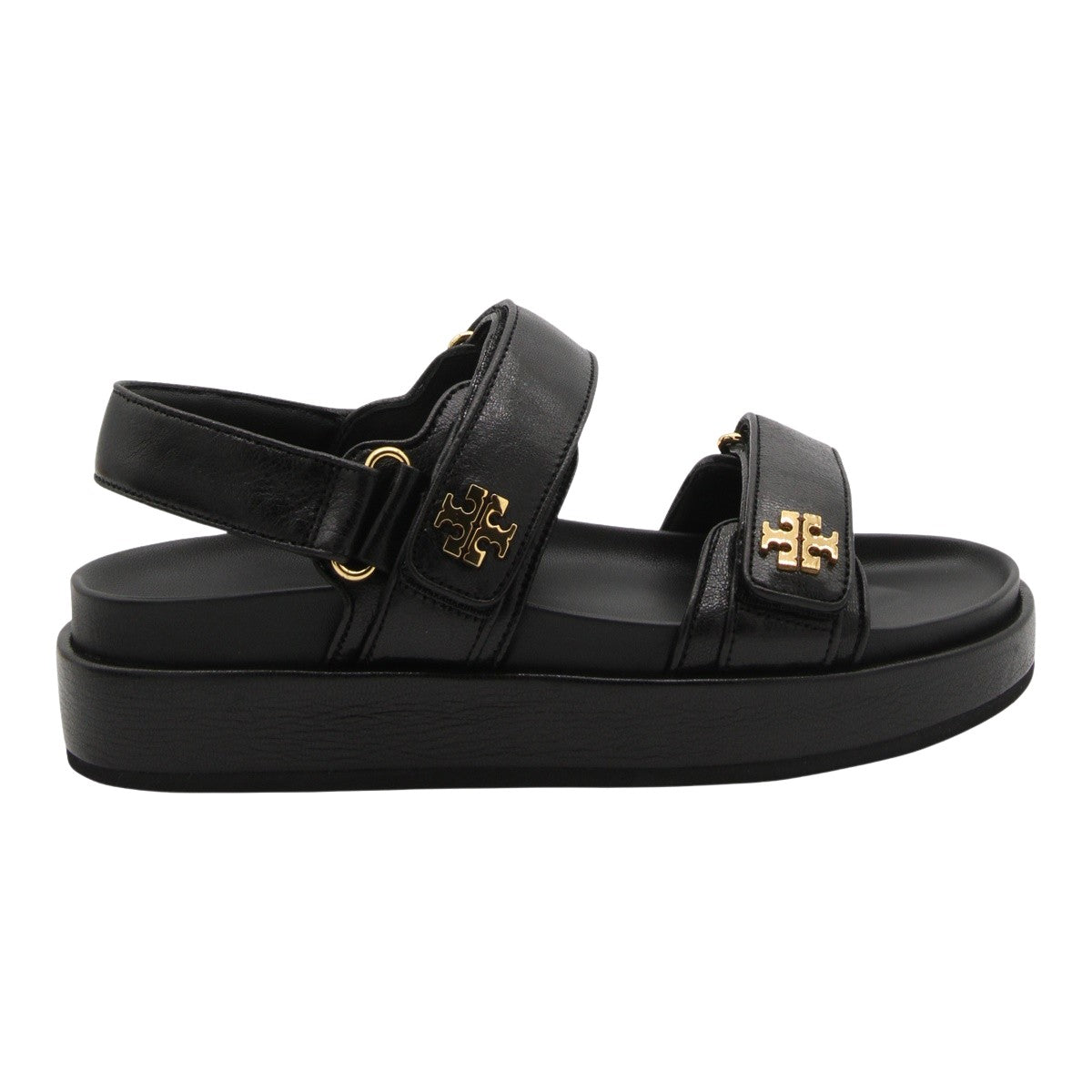 Black Platform Sandals with Gold-tone Logo Emblem