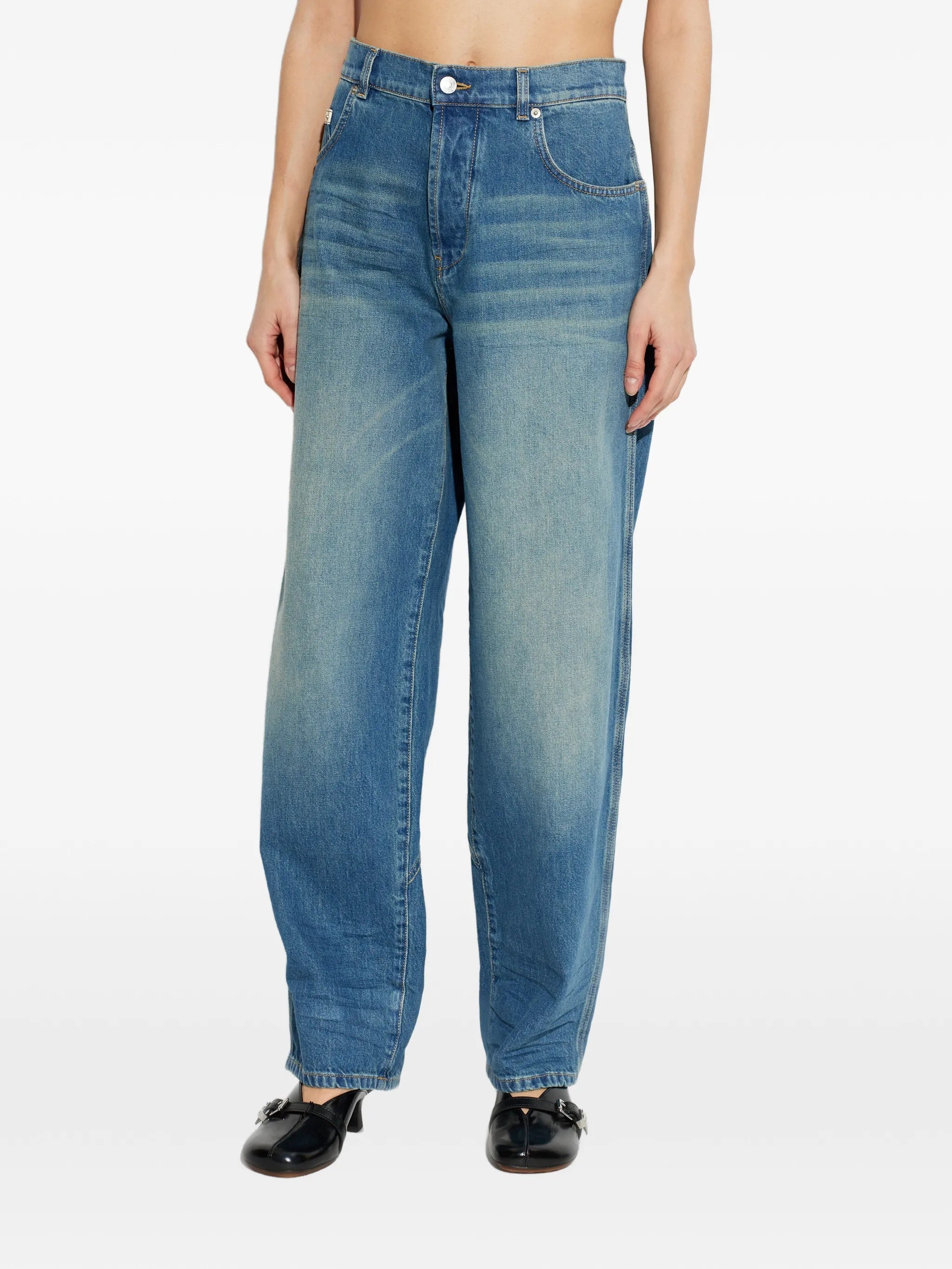 Mid-Blue Resin Treated Relaxed Fit Denim Jeans