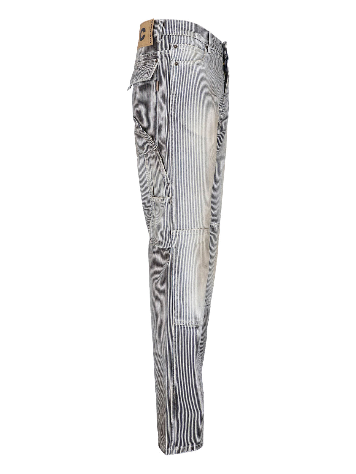 Relaxed Fit Denim Jeans with Vertical Pinstripe Pattern and Vintage Aesthetic