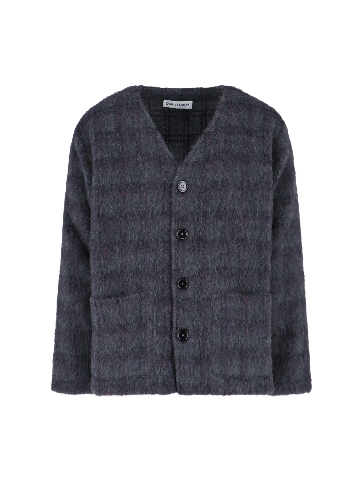 “Plum Check” V-Neck Cardigan – Grey