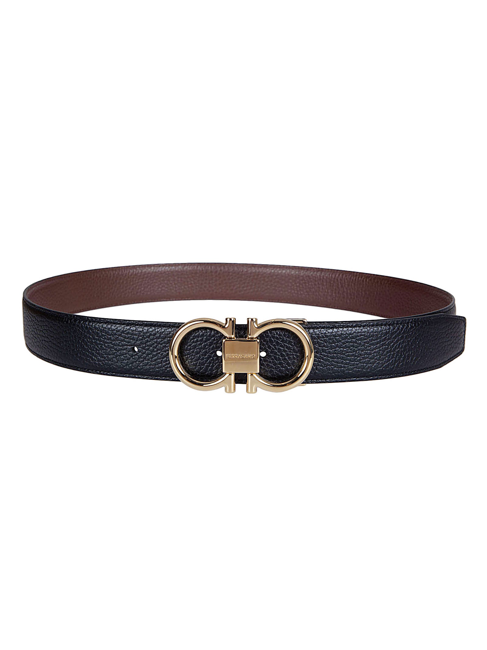 Textured Leather Reversible Belt with Gold-tone Double Gancini Buckle