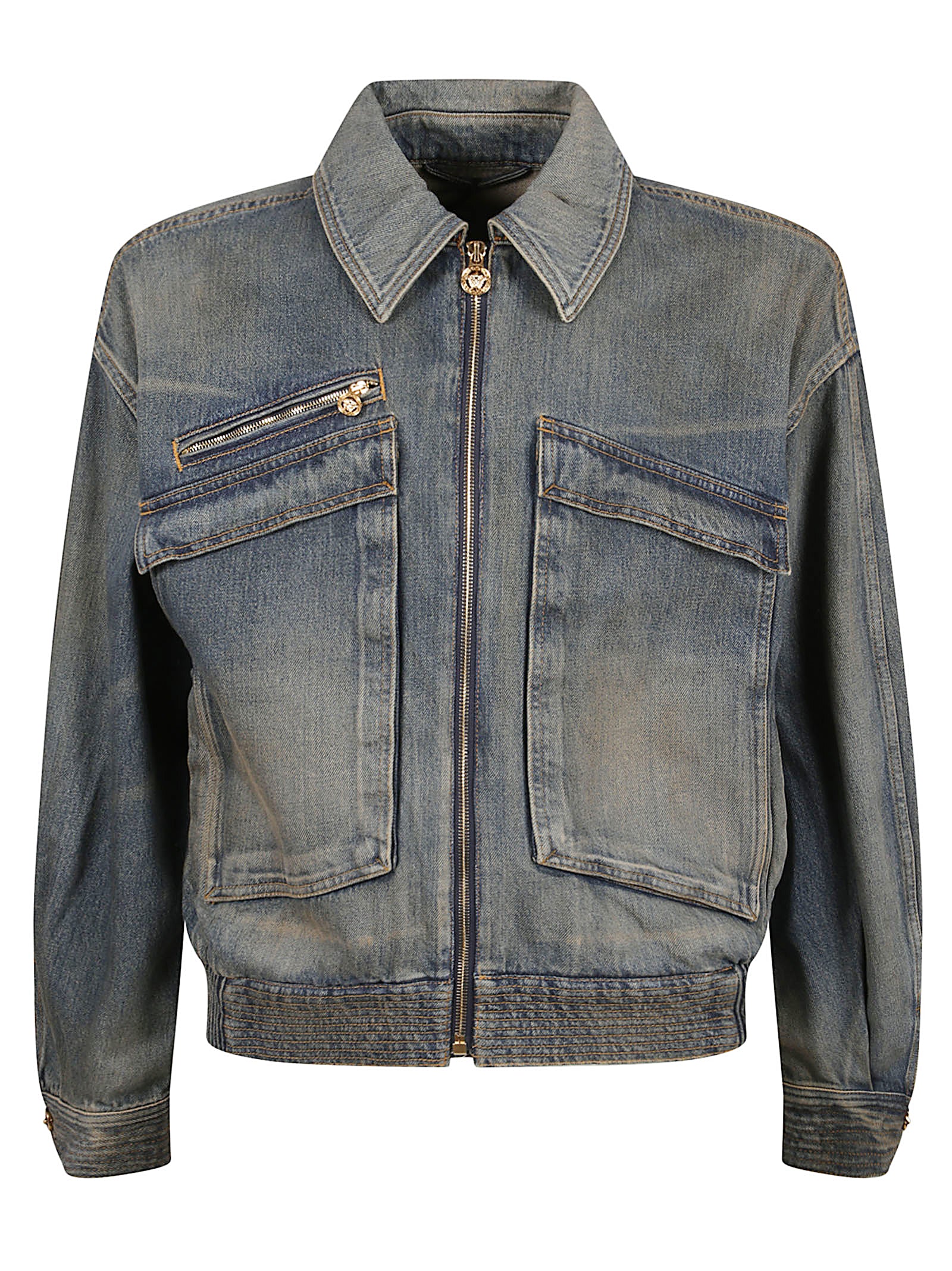 Cotton Denim Bomber Jacket With Oversized Pockets