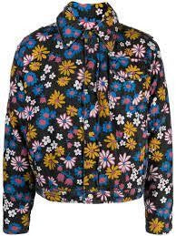 Cropped Floral Print Jacket With High Collar And Bow Detail