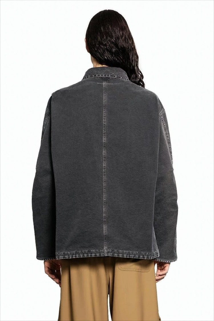Boxy Oversized Black Cotton Jacket with Vintage Finish