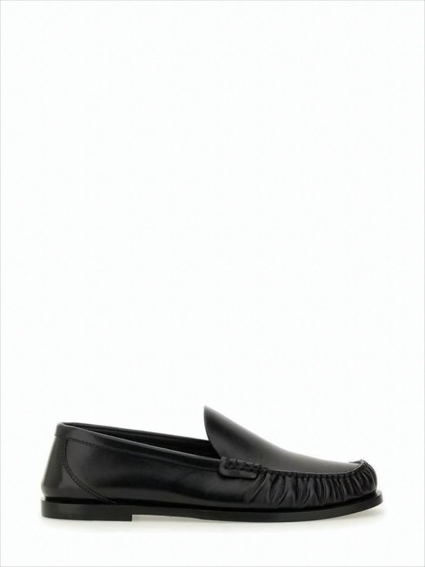 Smooth Calf Leather Black Loafers with Gathered Detail