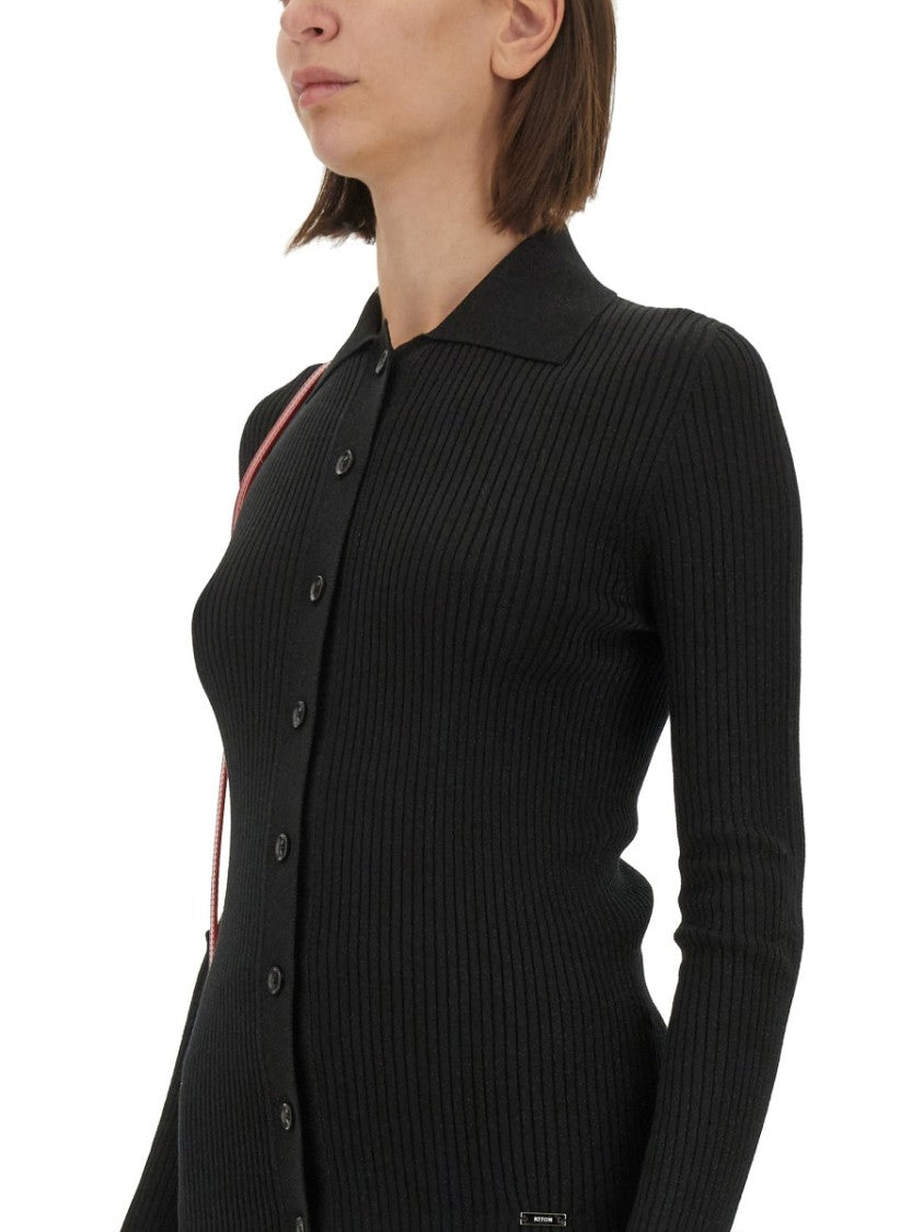 Black Ribbed Sweater With Classic Collar