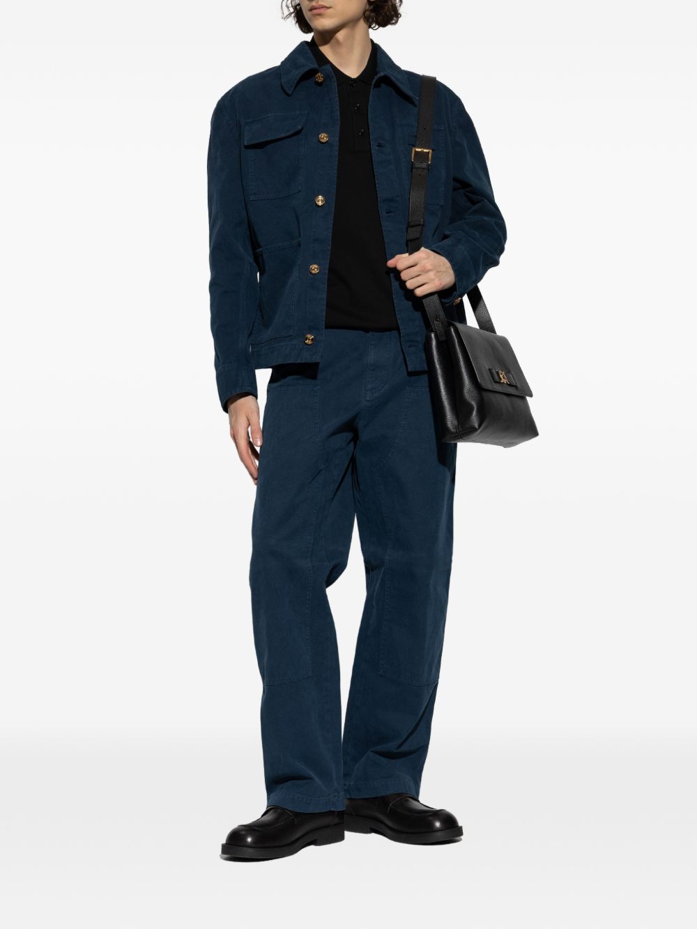 Relaxed Wide-Leg Trousers In Textured Deep Blue Fabric