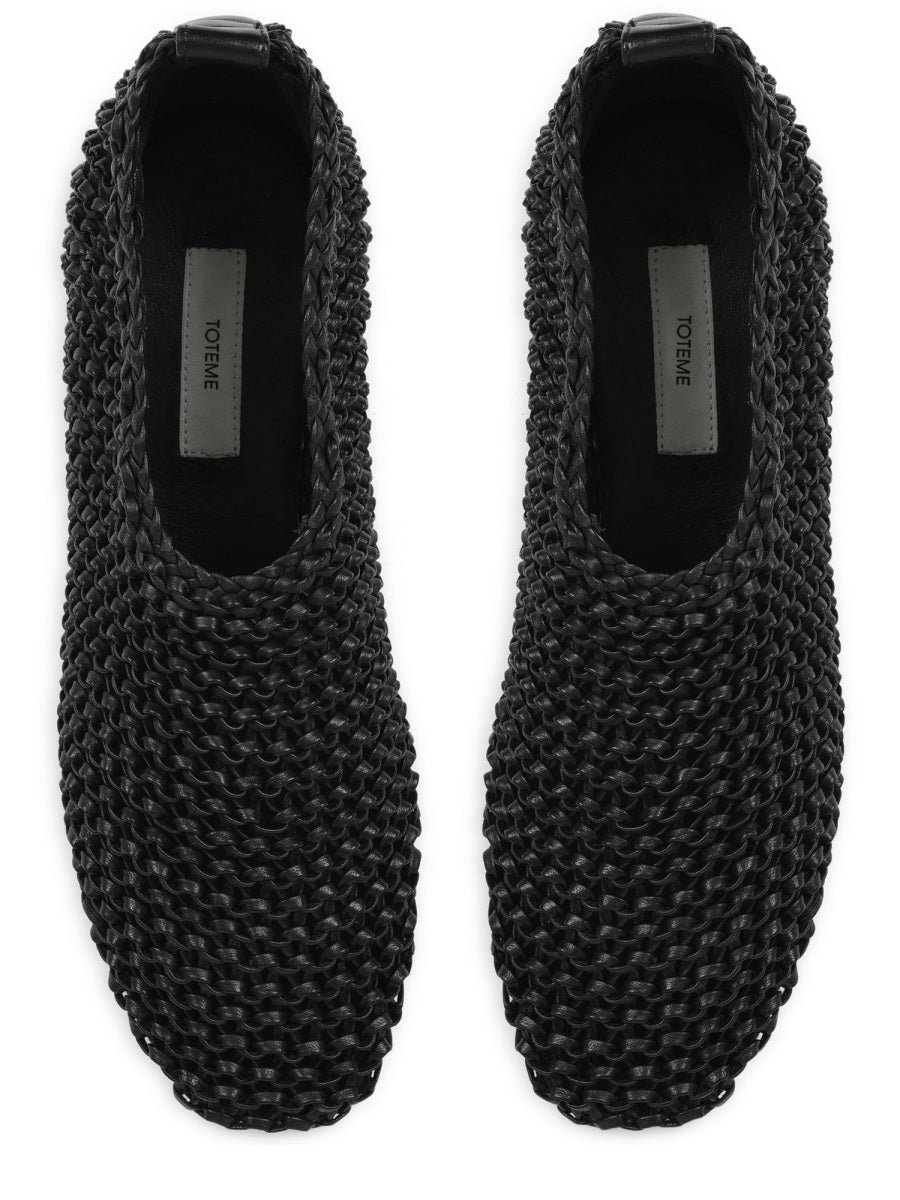 Woven Black Leather Ballerina Flats With Artisanal Detailing