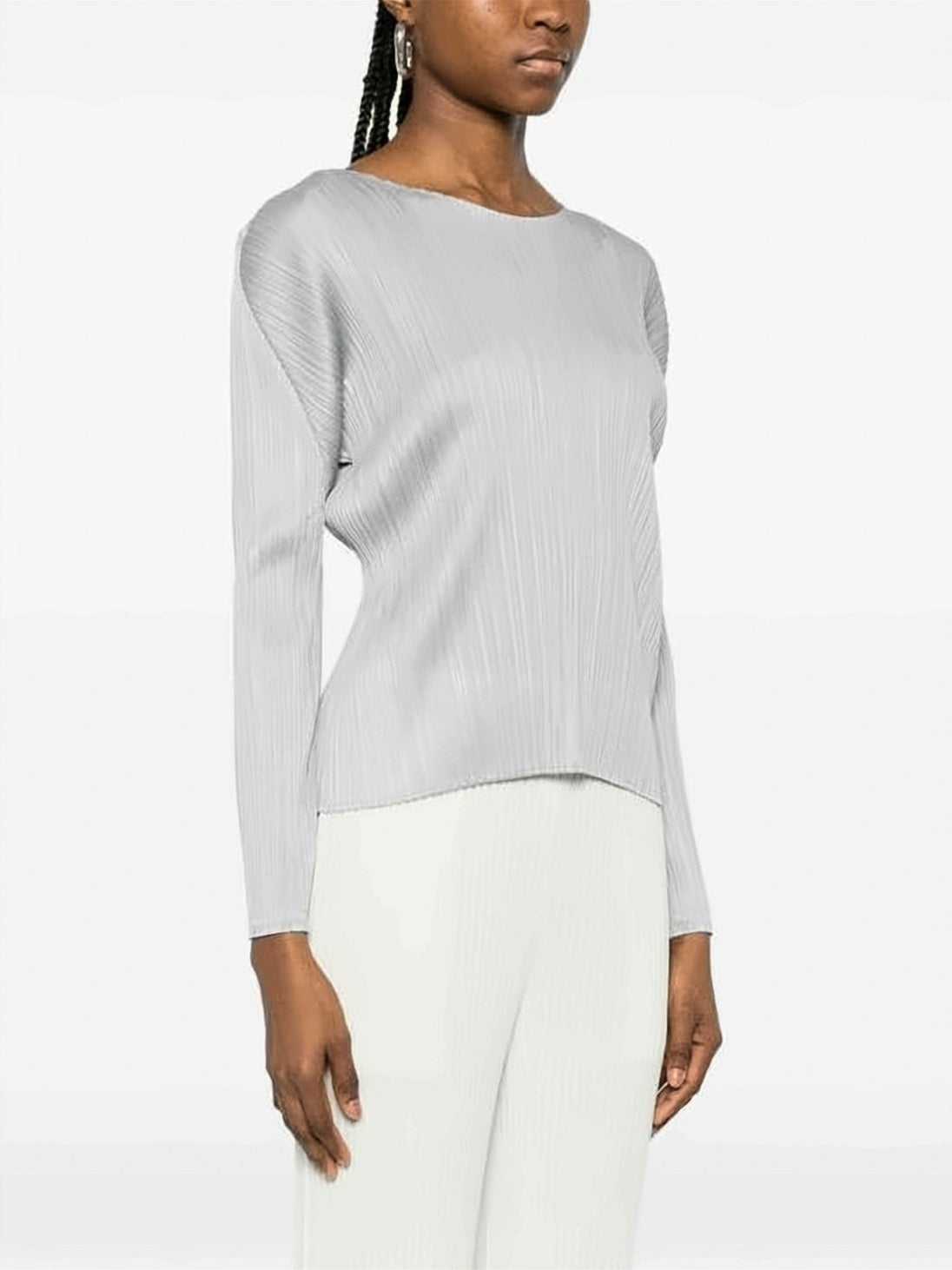 Pleated Texture Long-Sleeve Top With Cropped Hem