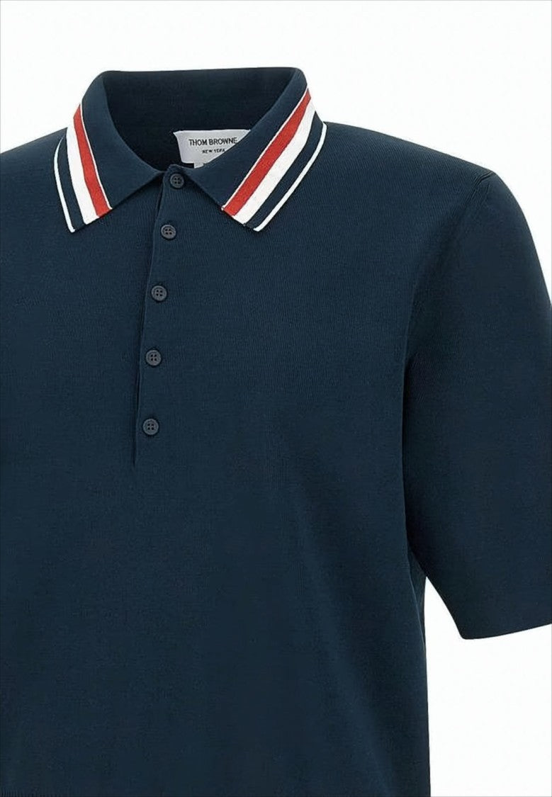 Navy Polo Shirt with Striped Collar and Side Button Details