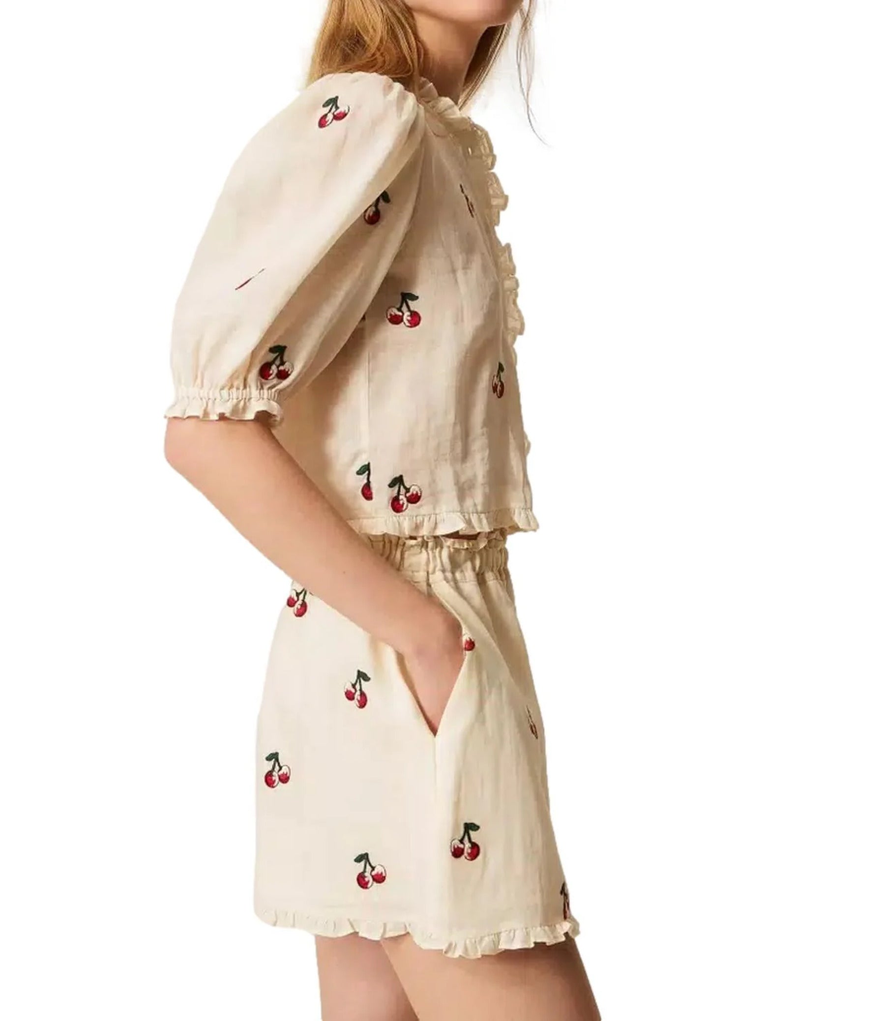 Cropped Blouse with Cherry Print and Ruffle Detailing