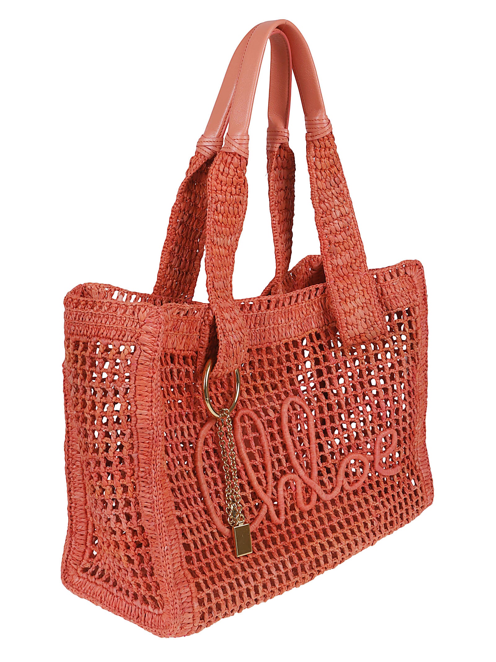 Crochet Tote Bag with Buffalo Leather Handles and Decorative Charms